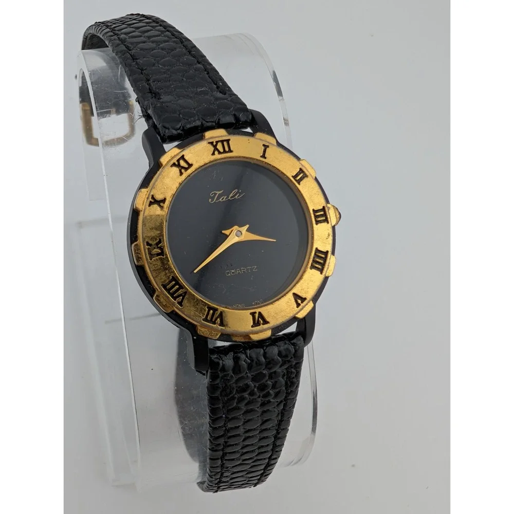 Vintage Tali Watch Women 25mm Case‎ Black Leather Band- New Battery